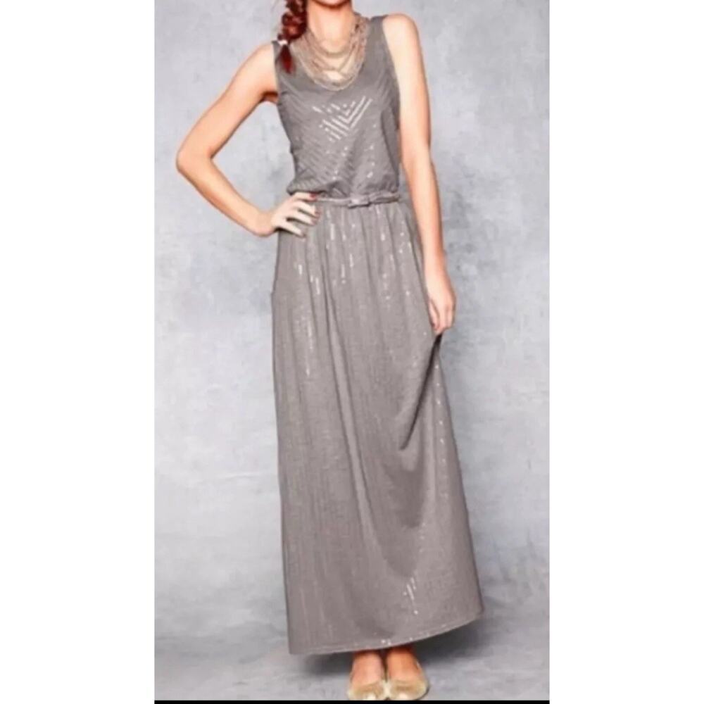 Garnet Hill Gray Full Sequined Jersey Maxi Dress Sleeveless V Neck Size‎ Small
